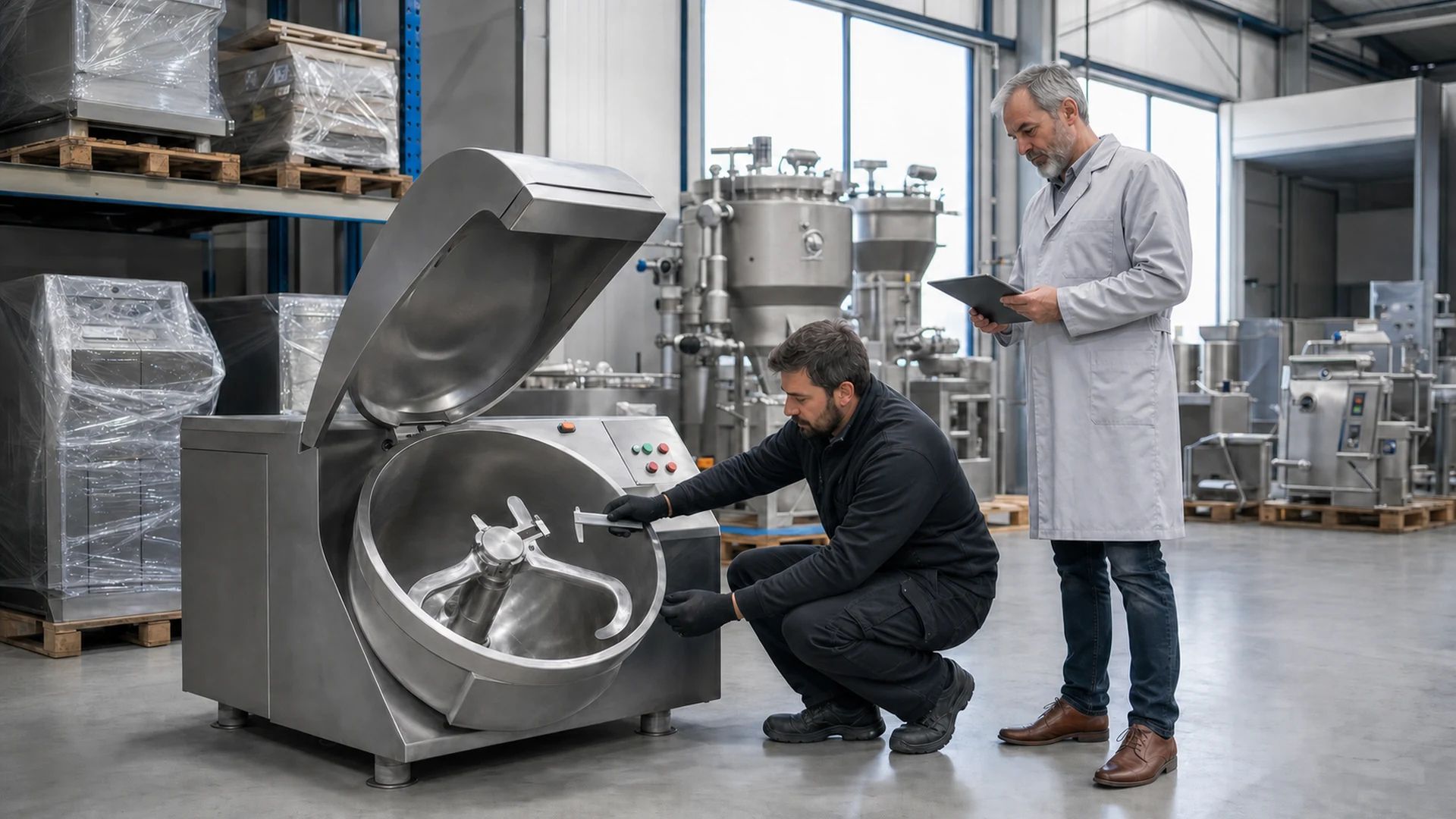 Techniciens contrôlant une machine agroalimentaire d’occasion dans un atelier.