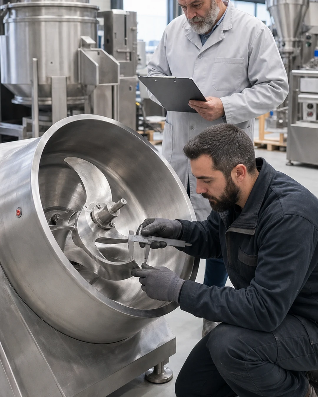 Techniciens contrôlant une machine agroalimentaire d’occasion dans un atelier.