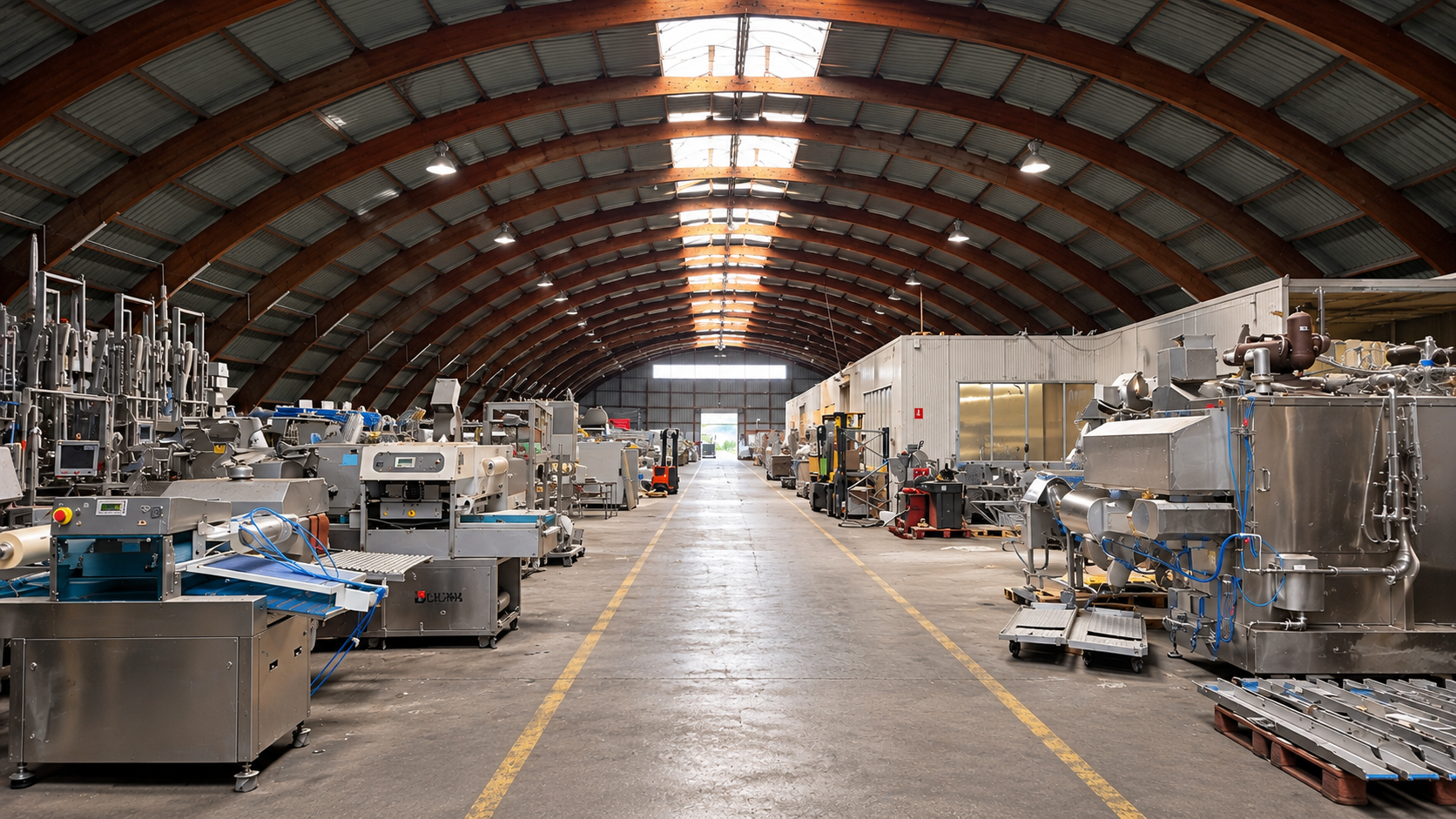 Techniciens contrôlant une machine agroalimentaire d’occasion dans un atelier.